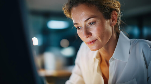 Faceless businesswoman attending virtual meeting taking notes focused computer screen  remote work online conference digital collaboration professional - Powered by Adobe