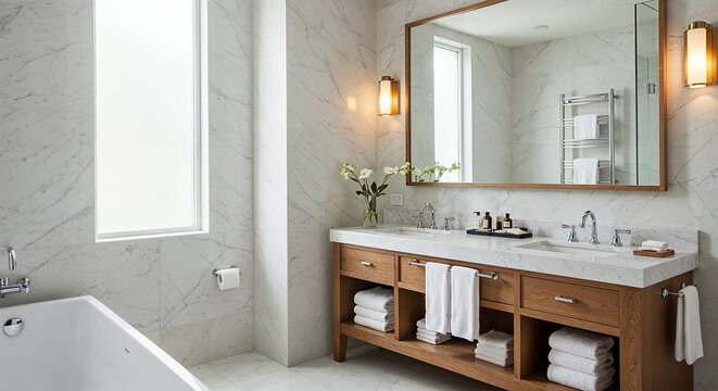 Luxury modern hotel bathroom with marble, warm wood, and soft spa lighting - Powered by Adobe