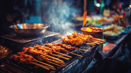 Grilled meat skewers at a traditional night market with steam and smoke