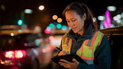 Faceless worker in reflective vest taking notes on tablet dimly lit environment  safety documentation professional observation workplace productivity