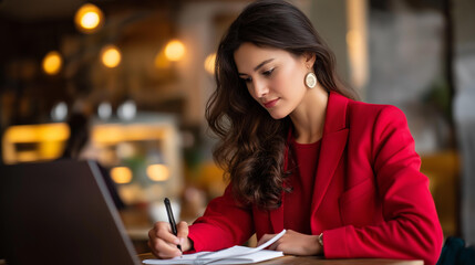Faceless young woman taking notes on notebook using laptop at coffee shop remote work  cafe workspace professional productivity digital nomad lifestyle