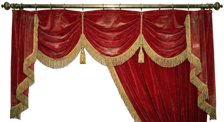 Elegant red velvet curtain with gold trim, transparent background