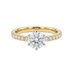 Elegant diamond engagement ring with gold band, transparent background