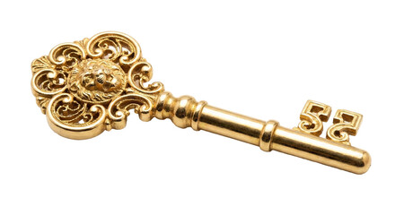 An ornate golden key with a lion's head design and the number 52, transparent background