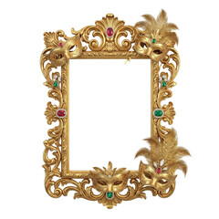 Luxurious gold frame adorned with masquerade masks and gemstones, transparent background