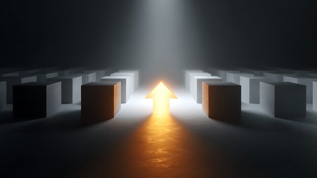 Illuminated arrow points upward, leading from a line of square structures