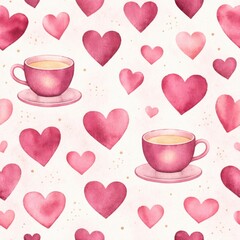 A cute watercolor pattern featuring pink coffee cups and scattered hearts on a light romantic background