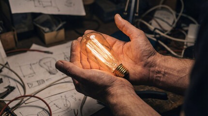 Hands holding vintage light bulb in a creative workspace