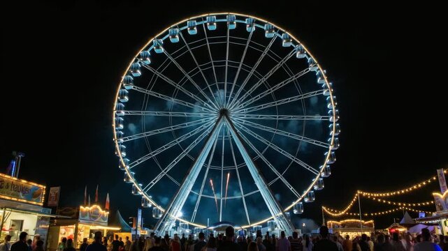 Ferris wheel illuminated by fireworks with festive joyful mood celebrating night carnival against city fairground background