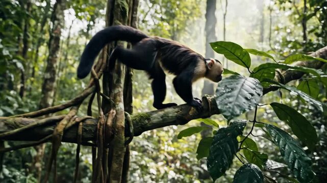 White-faced Capuchin Monkey Navigates Lush Rainforest Canopy on Branch.