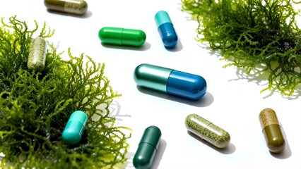 Green seaweed supplement capsules with fresh seaweed for merchandizing and advertising 