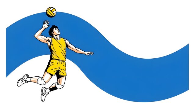 Action Shot of a Male Athlete Playing Volleyball, Jumping for a Smash against a Stylized Blue Background, Concept of Team Sports and Athletic Performance