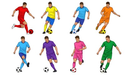 Set of soccer players in various colorful uniforms performing different actions like kicking and dribbling for sports design elements.