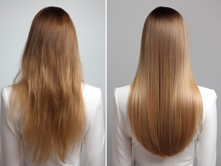 Fototapeta premium Caucasian female young hair transformation: frizzy to sleek straight