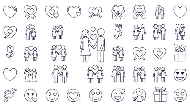 Romantic Love Relationship Couple Heart Outline Line Icons Vector Set for Valentine's Day