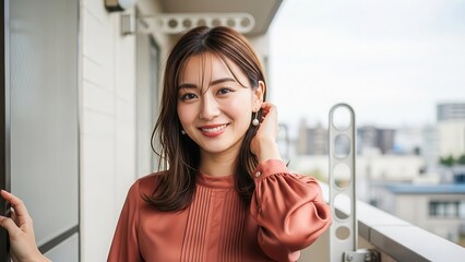 ベランダで髪を耳にかけて微笑むチャーミングな女性