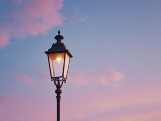 a peaceful urban setting with a glowing street lamp under a colorful twilight sky