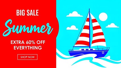 Summer Big Sale Promotion Banner with Sailboat Illustration and Discount Offer on Bright Background