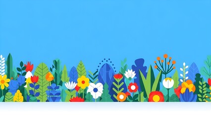 Colorful Geometric Flower Field and Garden Border Design on Clear Blue Sky Background