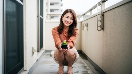 ベランダで花の鉢植えを両手で持って微笑む女性