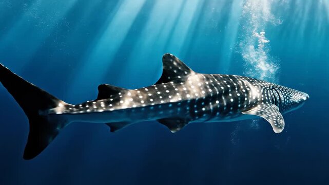 Majestic Whale Shark Gliding Through Sunlit Ocean Waters.