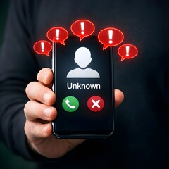 A person holding a smartphone showing an unknown caller warning with red alert icons in a dark, modern digital setting