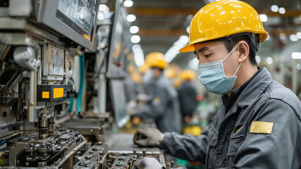 Focused worker wearing a helmet and mask at a busy manufacturing facility