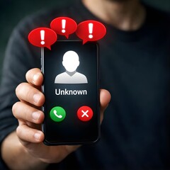 A person holding a smartphone showing an unknown caller warning with red alert icons in a dark, modern digital setting