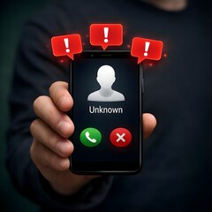 A person holding a smartphone showing an unknown caller warning with red alert icons in a dark, modern digital setting
