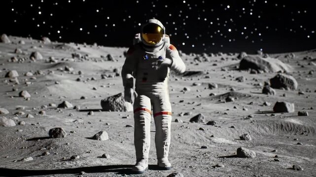 Highly detailed astronaut in pristine white spacesuit with gold visor joyfully dances on desolate, cratered lunar surface, deep space background. Triumphant space exploration