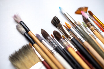 Watercolor brushes set, art supplies collection for painting with water colors, different sizes and shapes