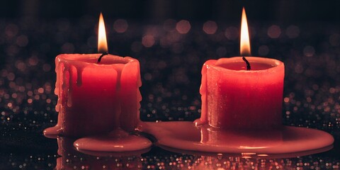 Two separate candles slowly melting together, poetic romance mood