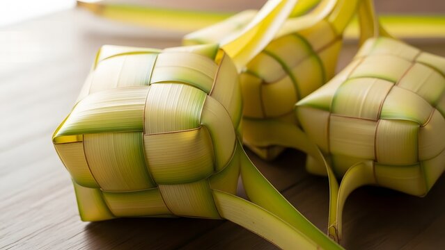 Close-up of two Ketupat shells made of woven young coconut leaves (janur)