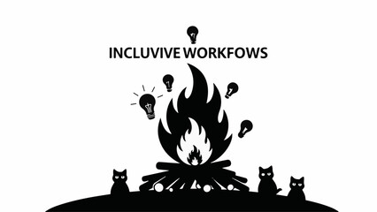 Creative ideas ignite around a warm campfire with silhouetted figures and lightbulbs symbolizing inspiration.