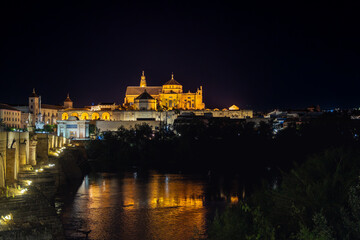 Fototapeta premium Panoramic view of the Roman Bridge and the Mosque-Cathedral across the Guadalquivir river, Cordoba, Spain. Night picture. Scenic skyline of Cordoba old town.