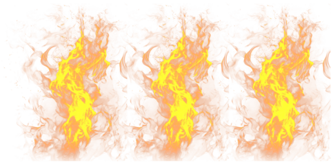 A vibrant and dramatic illustration of four flames burning brightly on a transparent background