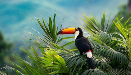 colorful toucan perched among tropical leaves in a vibrant artistic scene showcasing nature s beauty