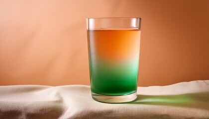 a refreshing glass of iced drink with a gradient from green at the bottom to clear at the top sitting on a light fabric surface against a peach background