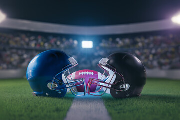 Two football helmets, one blue and one black, positioned on a green field with a football in between, symbolizing competition and teamwork in sports