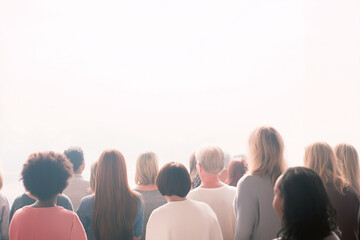 Diverse group of woman individuals standing together, facing a bright light, showcasing unity and connection in a serene atmosphere with soft colors and gentle textures