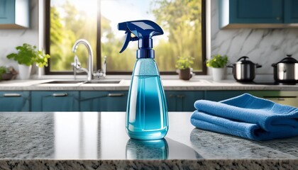a blue spray bottle is positioned on a sleek granite counter in a bright modern kitchen natural light fills the space enhancing its cleanliness and design