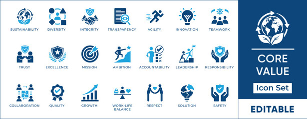 Business core values icon set featuring sustainability, diversity, integrity, teamwork, innovation, transparency, leadership, and corporate social responsibility symbols. © MstRafiyaAkter