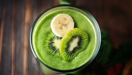 lively green smoothie topped with banana and kiwi perfect for a refreshing morning boost or a healthy afternoon snack