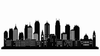 Modern city skyline silhouette at dusk with diverse architectural styles