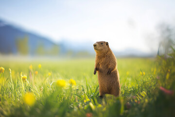 Groundhog standing upright in a vibrant green meadow filled with wildflowers, surrounded by soft sunlight and distant mountains, showcasing a serene natural habitat