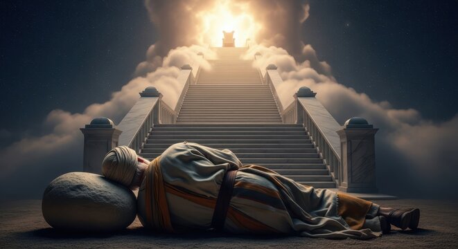 Jacob&rsquo;s dream of the heavenly staircase, elderly man lying with head on stone, marble staircase rising into clouds with distant throne of light.