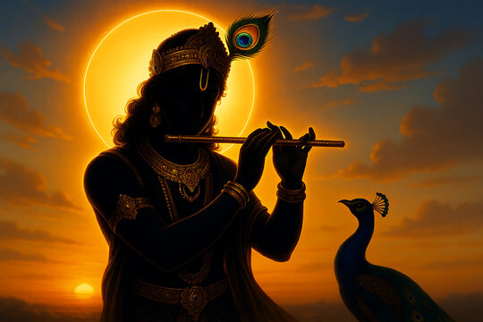 A majestic silhouette of lord krishna playing his flute against a vibrant sunset with a peacock nearby