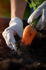 Farmer picking fresh orange carrot from fertile soil under warm sunlight for organic agriculture, eco market and healthy food promotion