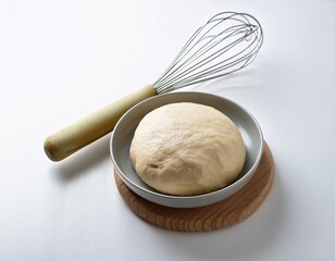dough and whisk on white background for baking preparation