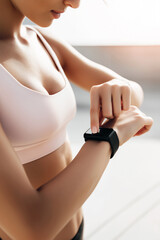 Fit young woman in beige sportwears using smartwatch in bright light backgroung, using for gym, health app and sportswear brand marketing